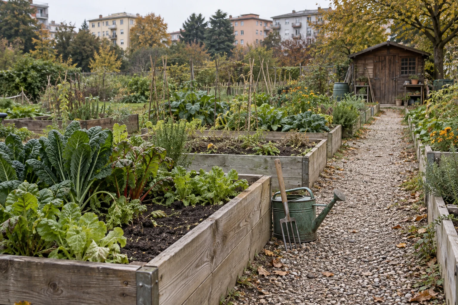 Uneven autumn vegetable beds beside a gravel path, a watering can and a shared wooden shed.