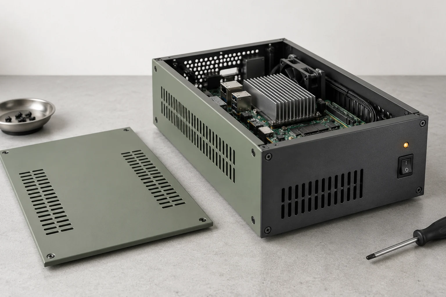 Compact household compute enclosure with ventilation panels and accessible repair screws.