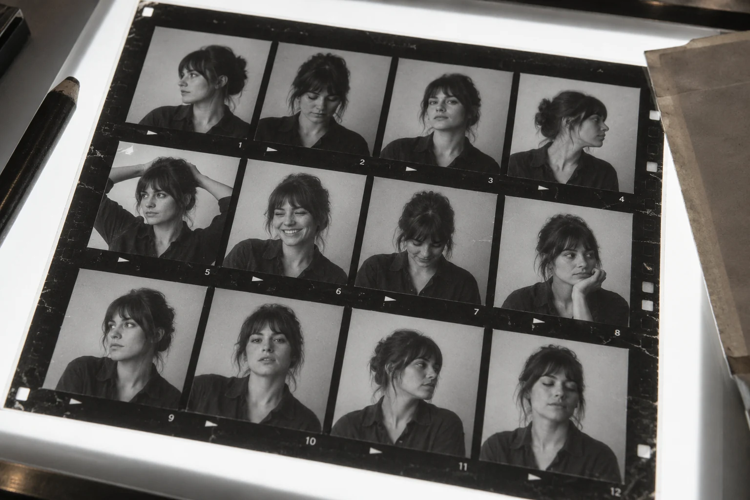 Unretouched film contact sheet of one portrait sitting, including blinks and changing expressions