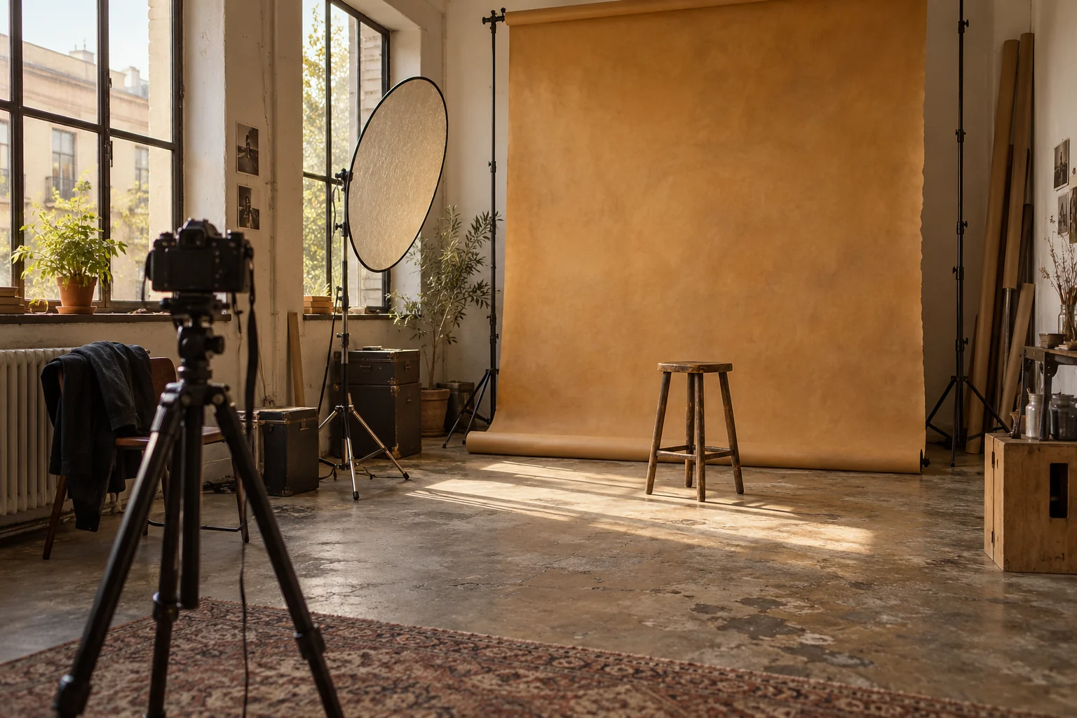 A daylight portrait studio with an ochre paper backdrop, a wooden stool and a camera