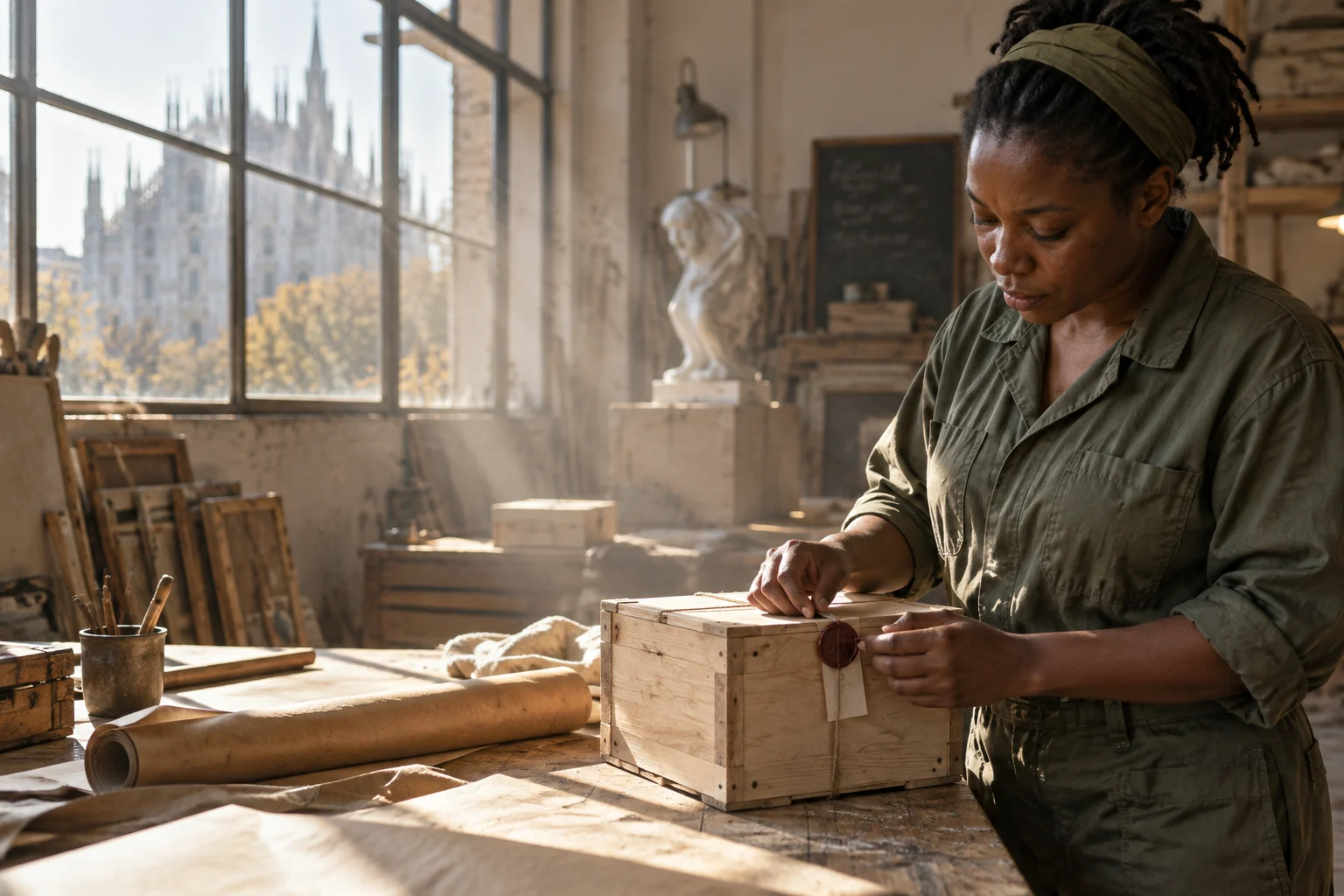 Photorealistic human craft worker inspecting a package in a warm urban workshop, ordinary clothing and no robotics