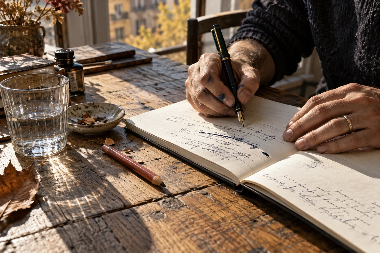 Close-up editorial photograph of hands writing in an ink-stained notebook on a sunny wooden desk