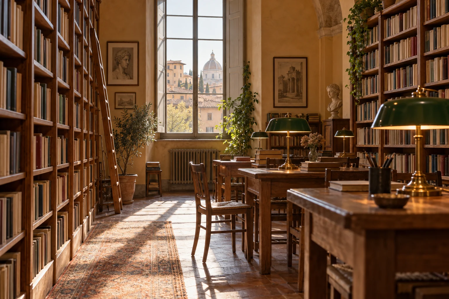 Deep pine shelves and brass lamps in a quiet Milan reading room