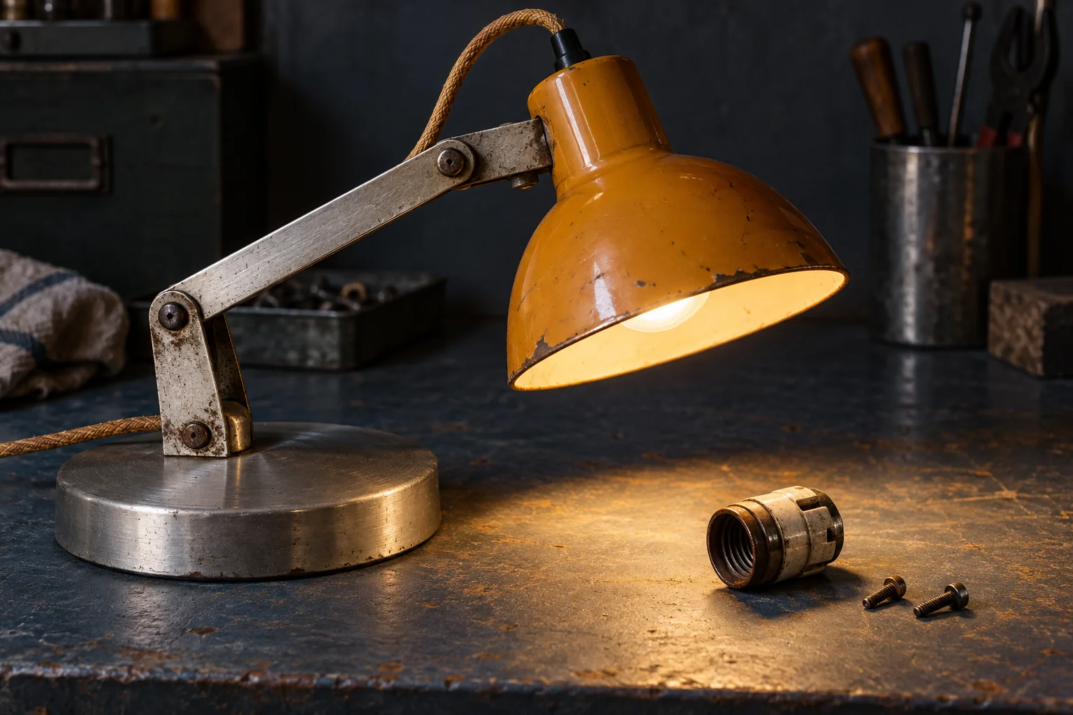 An illuminated amber enamel task lamp on a dark workshop bench, with an aluminium arm and a replacement cloth-covered cable