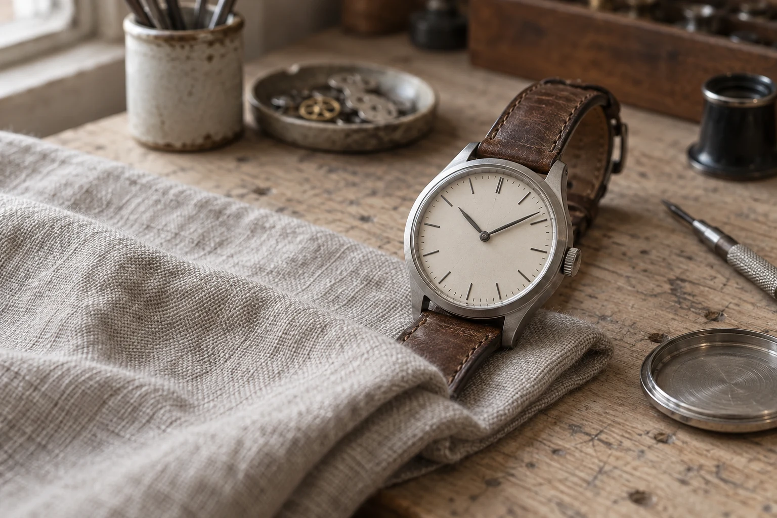 A brushed-steel mechanical watch with an ivory dial and brown leather strap on a linen-covered workshop bench.