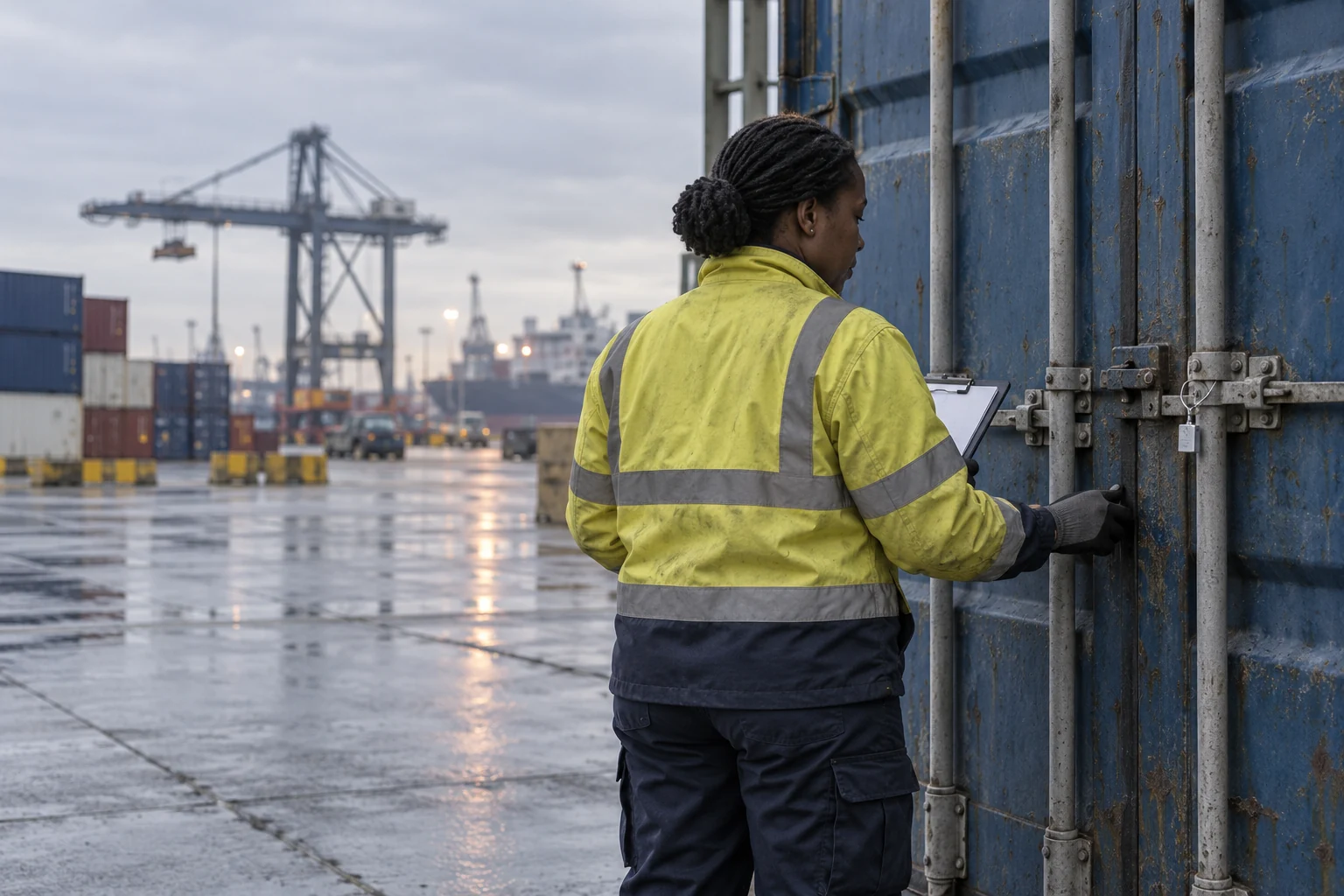 An inspector with a clipboard beside a closed blue container at a damp port inspection bay.