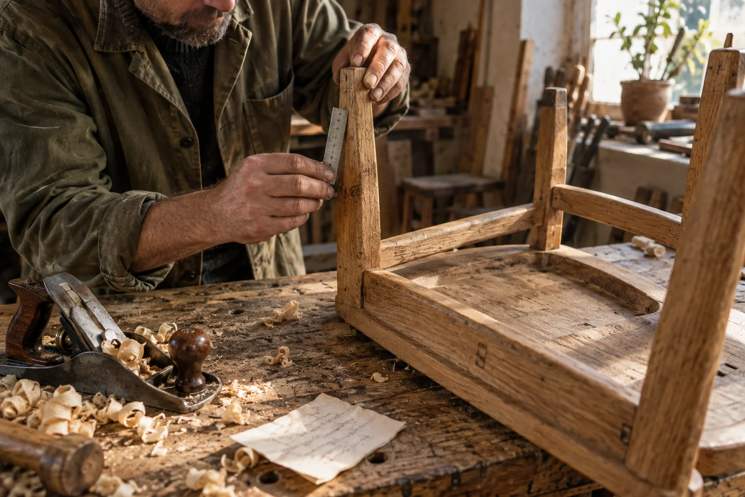 An ash chair turned upside down on a timber workbench, with wood shavings, a measuring rule and a craftsperson’s hands nearby