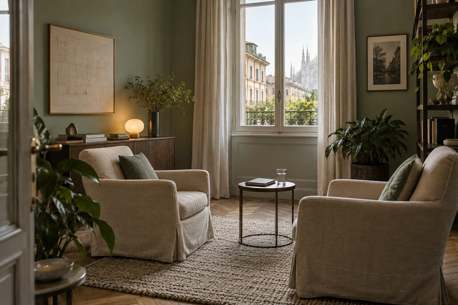 A serene therapy room with two empty linen chairs, an open notebook and soft window light