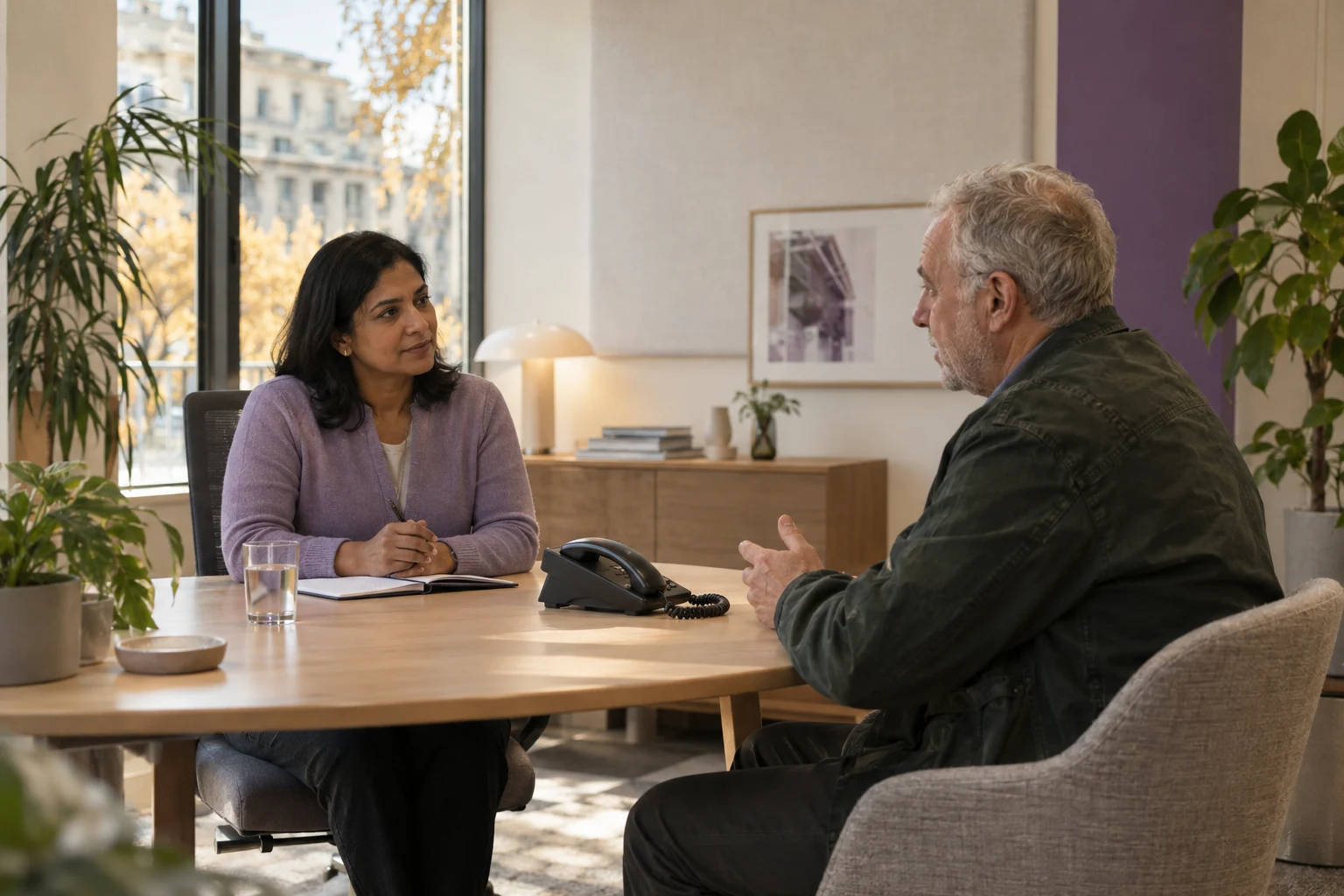 A human support associate listening to a customer beside a fixed telephone.