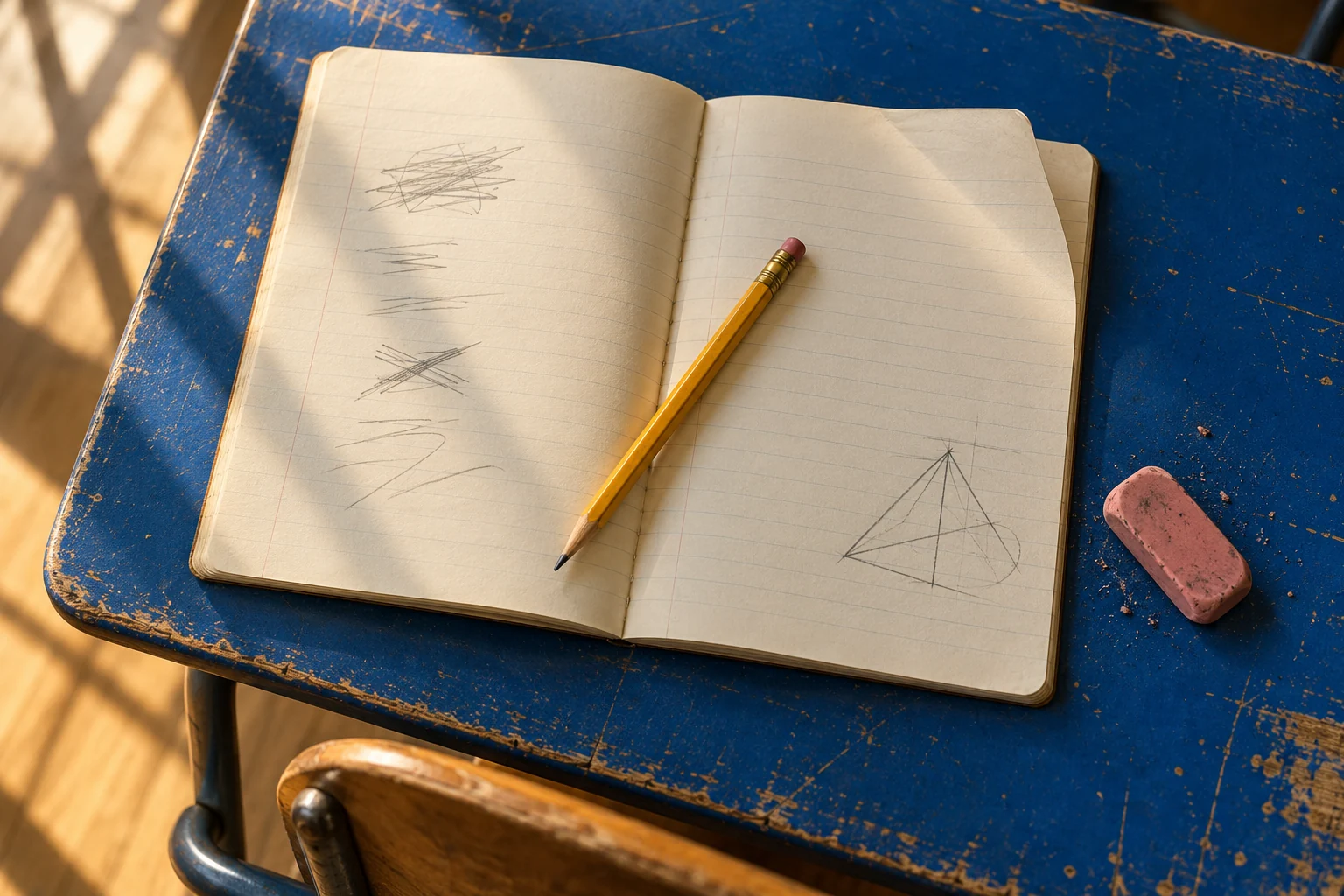 An exercise notebook, pencil and worn eraser on a blue school desk